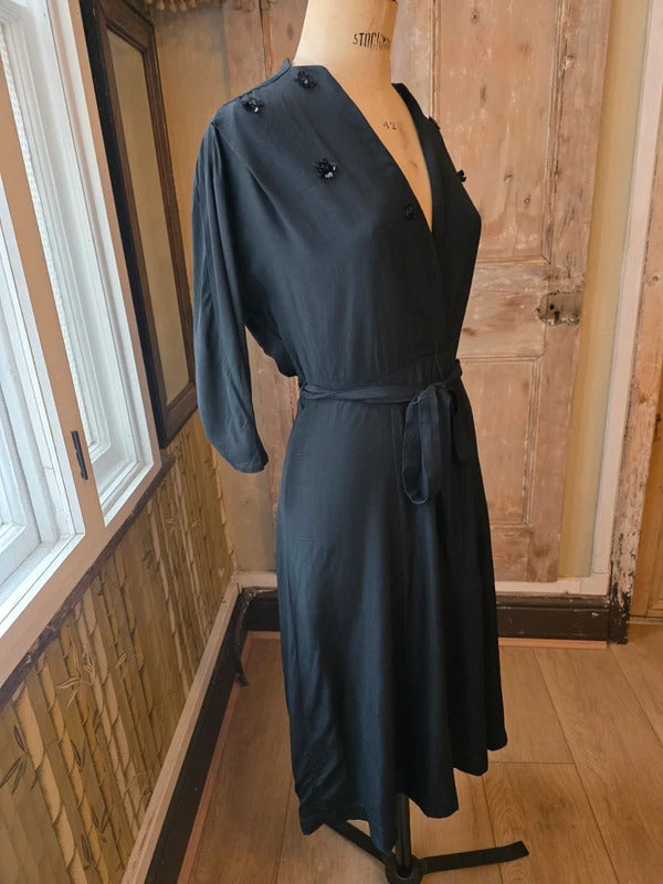 Vintage Late 1930s 1940s Black Wrap Dress Sequin Flower Motifs Swing Skirt UK 14