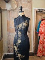 Load image into Gallery viewer, Vintage 1960s Black &amp; Gold Hand-Beaded Cheongsam Dress
