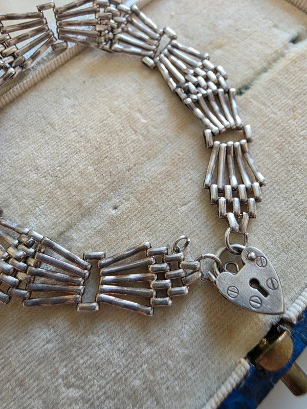 Vintage Sterling Silver Gate Charm Bracelet with Heart Padlock Clasp