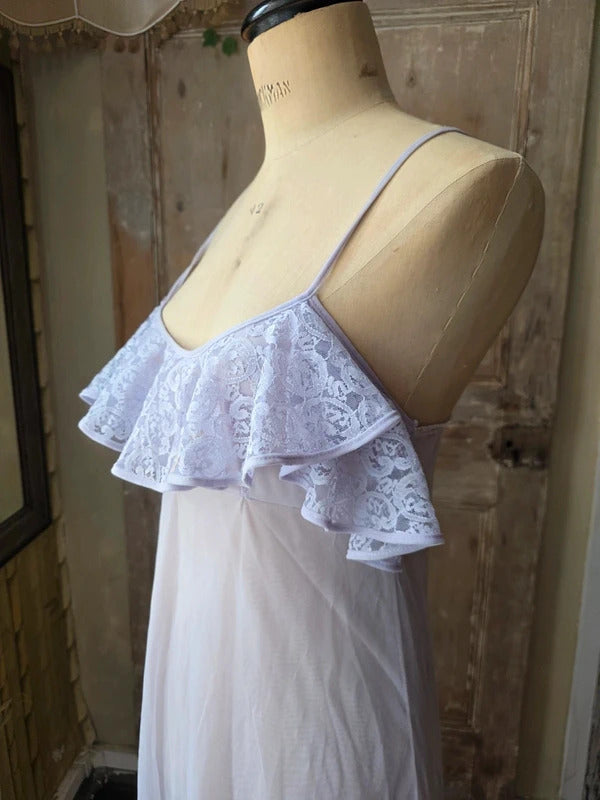Lilac Maxi Nightgown Vintage 1970s Sheer Nylon with Lace Ruffle