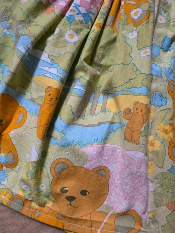 Vintage Handmade Novelty Print Cotton Skater Skirt | Teddy Bear Picnic | Upcycled | UK 8–10