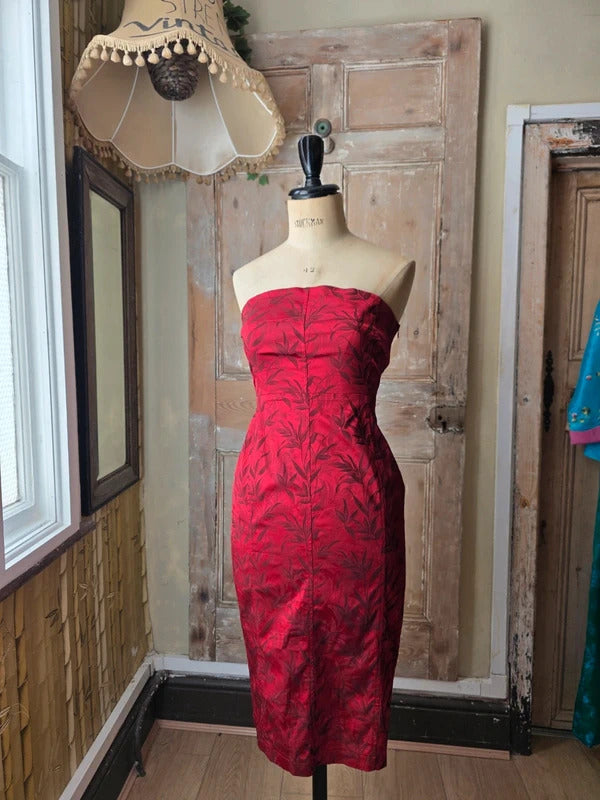 Vintage Y2K Red Jacquard Strapless Wiggle Dress | 1950s Style Bandeau Bodycon | Pinup | UK 10/12