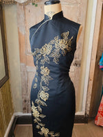 Load image into Gallery viewer, Vintage 1960s Black &amp; Gold Hand-Beaded Cheongsam Dress
