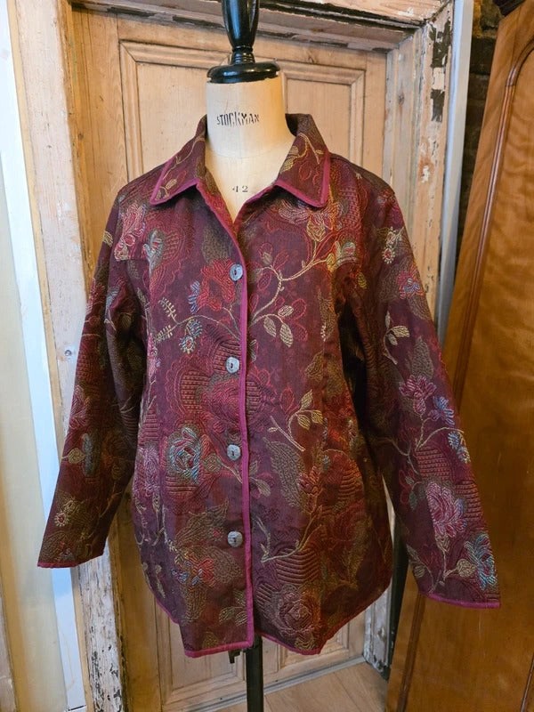 Vintage 1990s embroidered Chinese style burgandy jacket UK16
