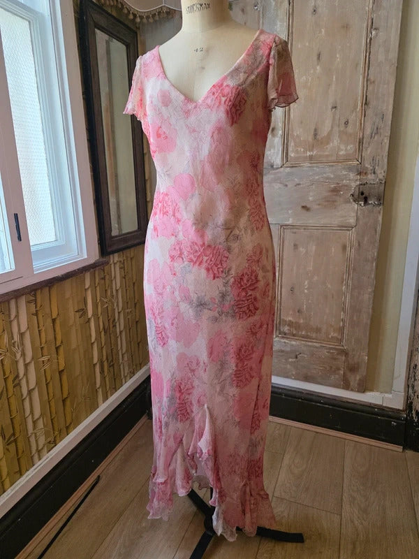Vintage Y2K fairycore Monsoon Silk Floral Maxi Dress | Bias Cut Cottagecore Gown | UK 14/16
