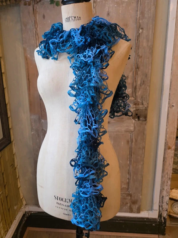 Vintage Y2K Ruffle Skinny Scarf | Crochet Knit Frilly Scarf | Boho Festival Accessory s