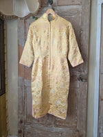 Load image into Gallery viewer, Vintage 1950s Silk Cheongsam Dress | Gold Floral Brocade | Mandarin Collar | Wiggle Dress | UK 6/8
