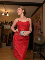 Load image into Gallery viewer, Vintage Y2K Red Silk Embroidered Wiggle Dress | 1950s Pinup Dress | UK 12
