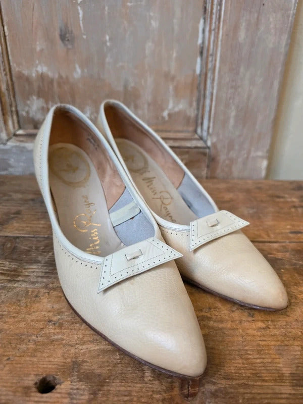 Vintage 1950s Miss Rayne Cream Kitten Heels Pointed Toe Leather Bridal UK 4