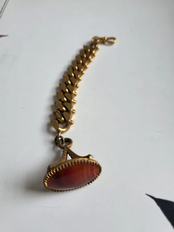 Vintage 1970s Gold Tone Chunky Curb Chain with Banded Agate Fob Charm