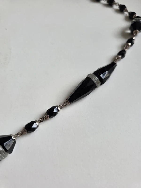 Art Deco Cut Glass Necklace – Black & Clear Long Flapper Style