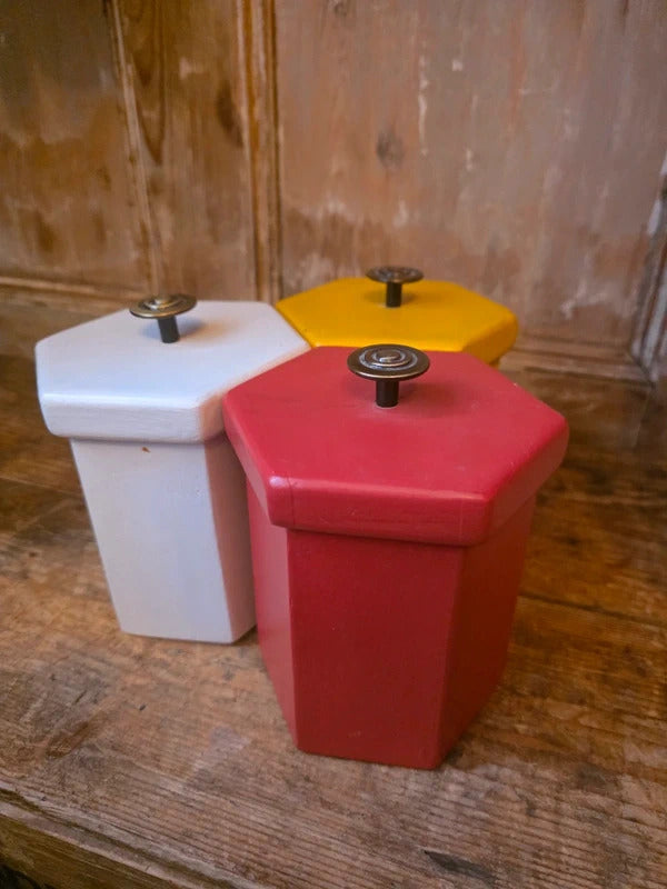 Vintage Mid Century 1950s 1960s Handmade Wooden Kitchen Canisters – Colourful Storage Jars Set