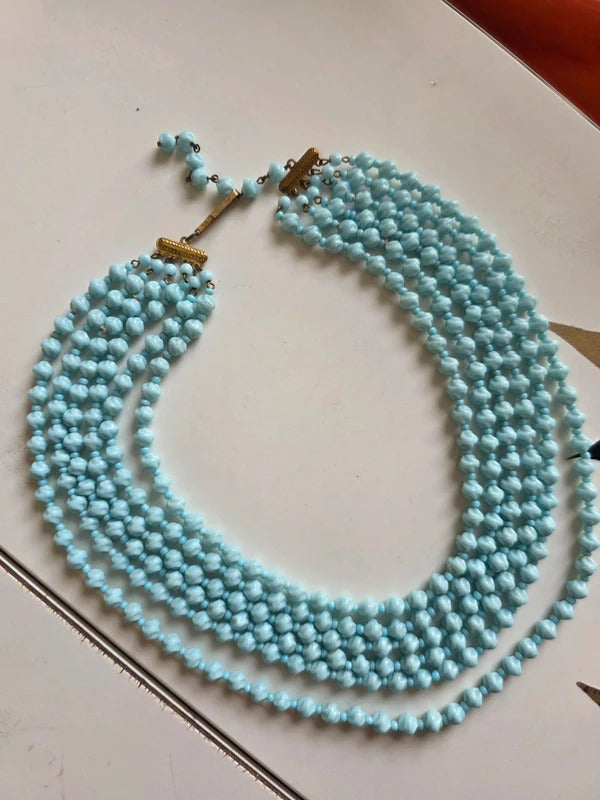 Vintage 1950s Czech Blue Milk Glass Multi Strand Necklace