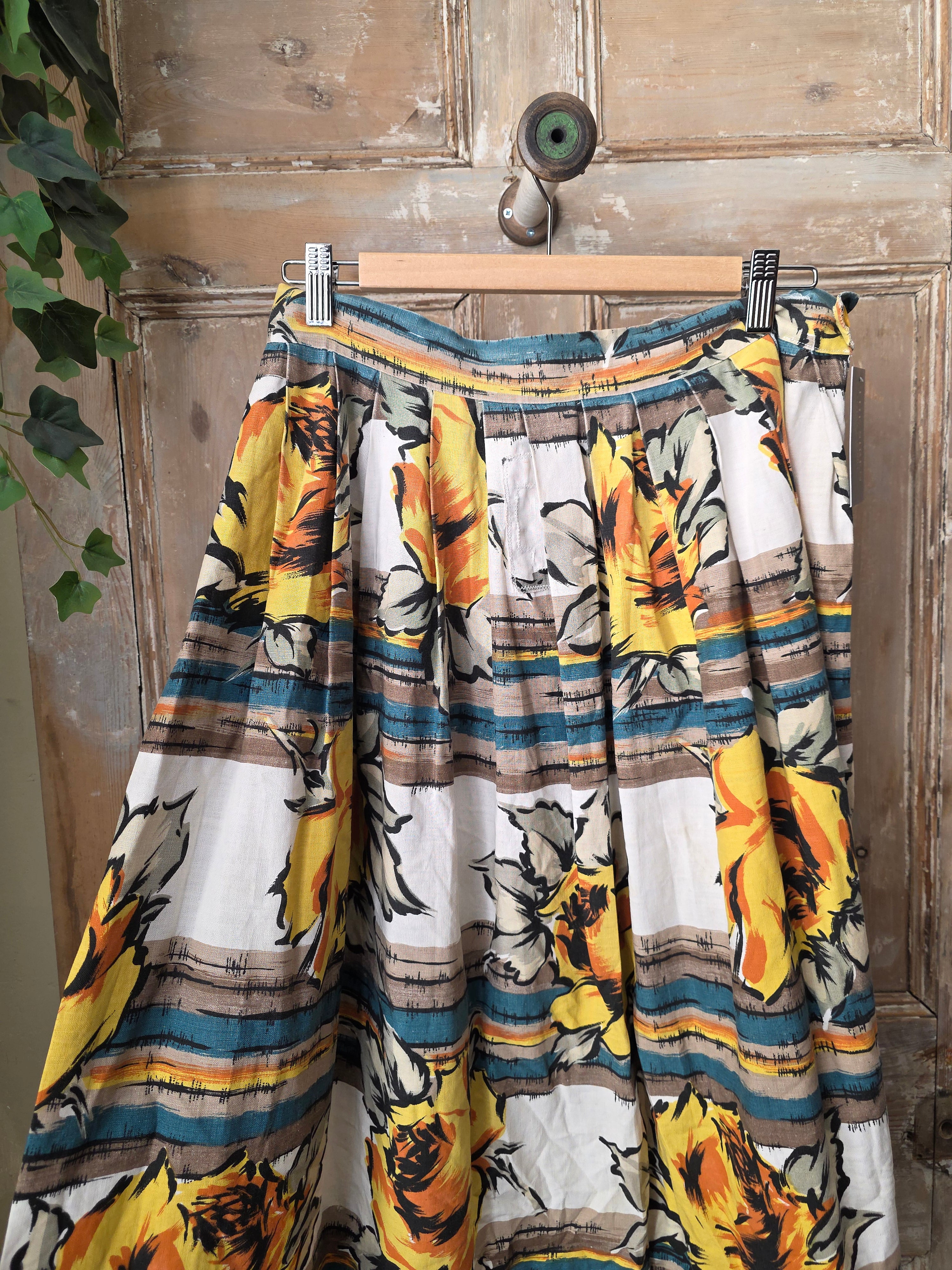 Vintage Late 1940s Yellow Rose Skirt – Make Do and Mend – Bold Floral – UK12