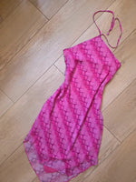 Load image into Gallery viewer, Vintage Y2K New Look Pink Snake Print Handkerchief Midi Dress | Halterneck | UK 12
