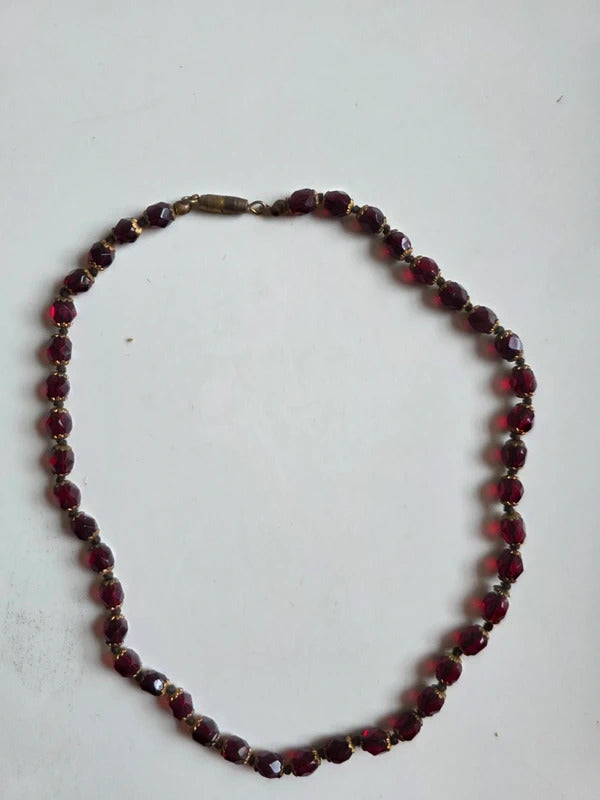 Vintage 1930s Cherry Red Faceted Glass Bead Necklace