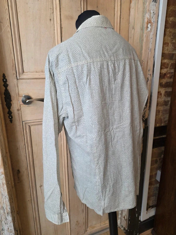 Pretty Green Slim Fit Shirt – Cream Micro Floral Zip Detail Button Up – Size XL