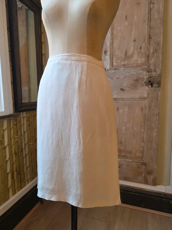 Vintage Y2K Max Mara Linen Pencil Skirt | Cream Tailored Midi | Designer Italian | W30" pietra