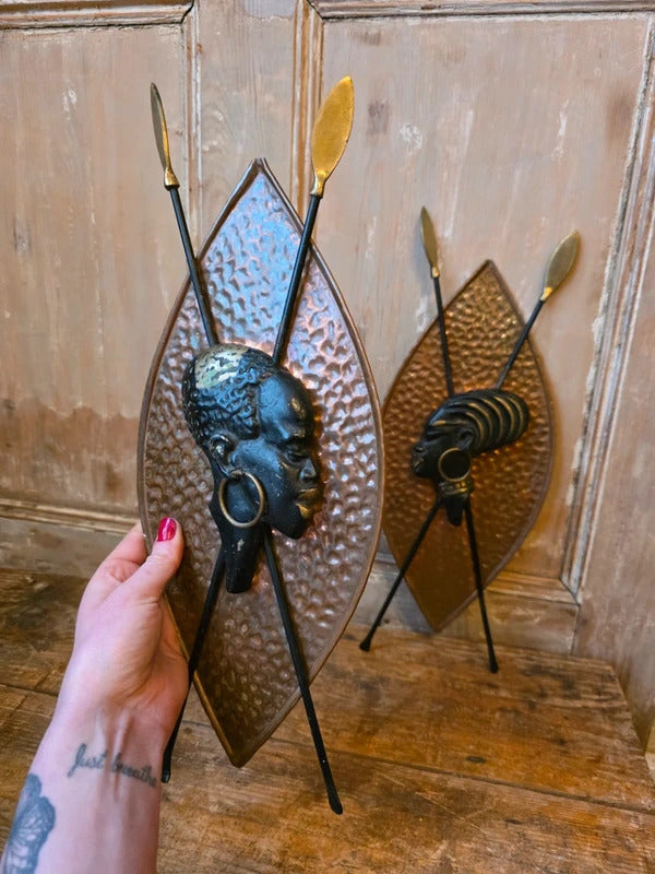 RARE Vintage Pair Richard Rohac Wall Sculptures Bronze Brass Shield Spears Art Deco / Mid Century