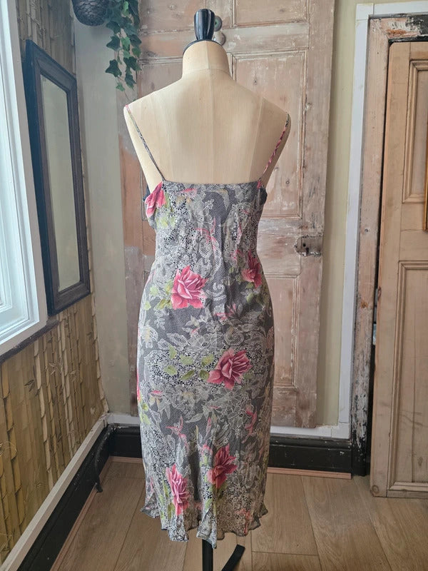 Vintage Y2K Slip Bias Dress – Floral Lace Print – UK 12