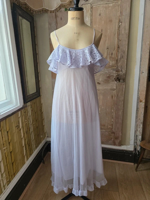Lilac Maxi Nightgown Vintage 1970s Sheer Nylon with Lace Ruffle