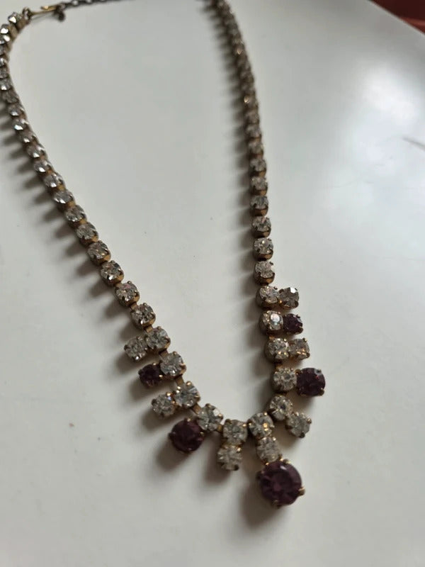 Vintage 1950s Rhinestone Necklace with Amethyst Tone Drops