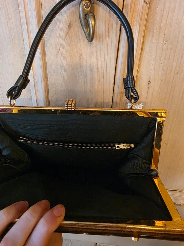 Vintage 1950s Black Handbag with Lucite Detail & Gold-Tone Clasp Classic Mid-Century Style