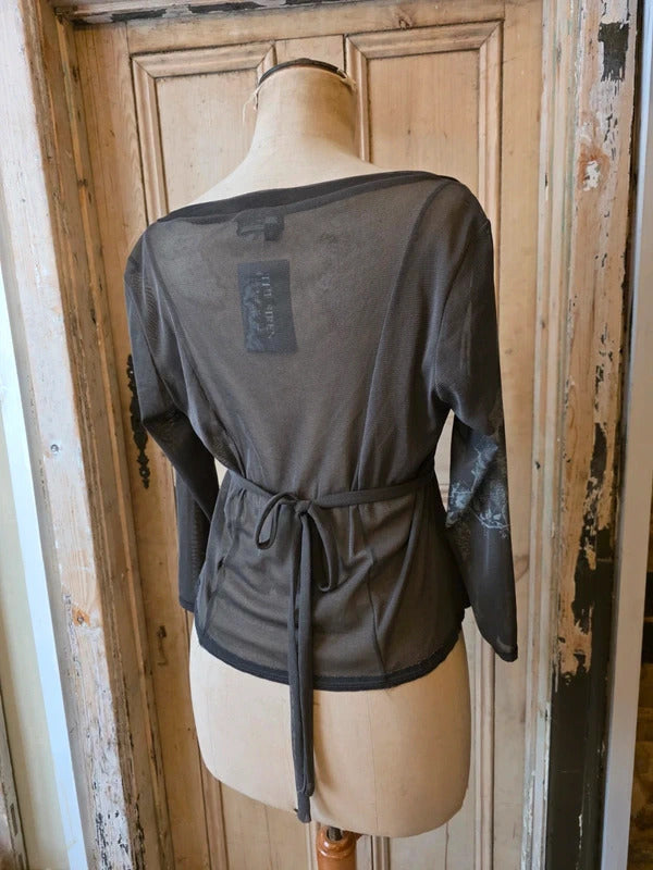 Vintage Y2K Sheer Cardigan Top – Tie Back – Mesh Button Front – 90s 00s