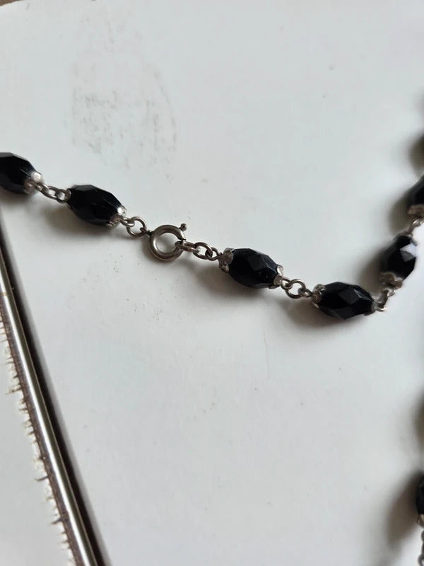 Art Deco Cut Glass Necklace – Black & Clear Long Flapper Style