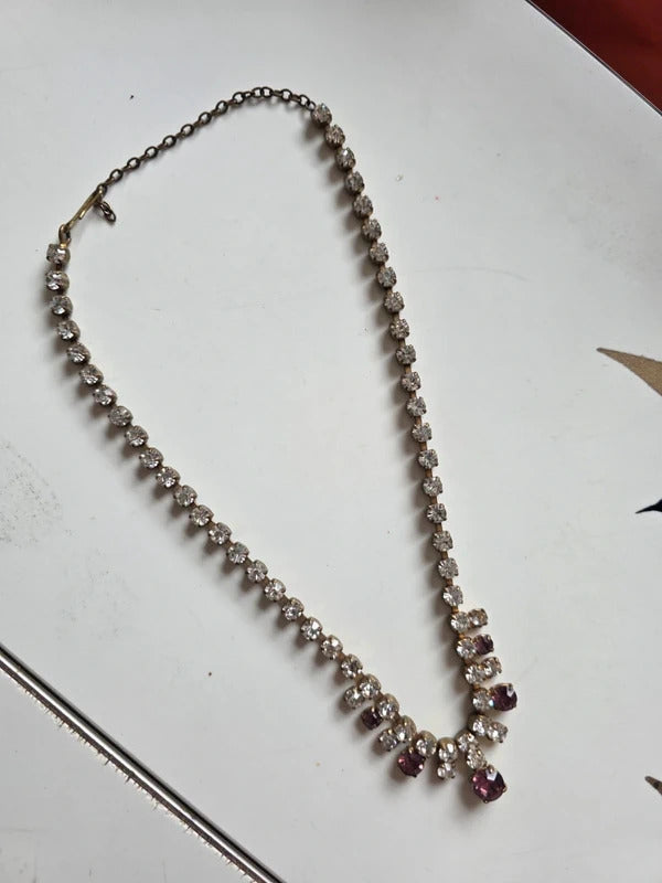 Vintage 1950s Rhinestone Necklace with Amethyst Tone Drops