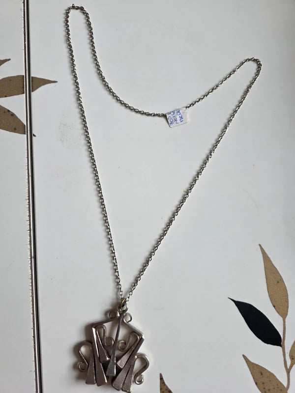 Vintage 1970s  Brutalist Silver Tone Pendant Necklace