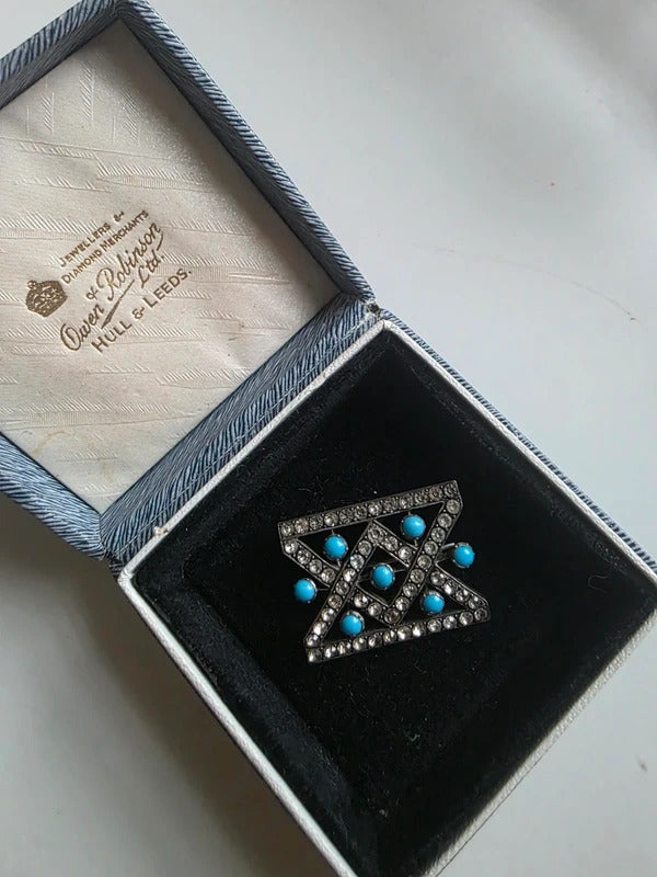 Antique Victorian Turquoise & Paste Brooch Antique Geometric Silver-Tone Pin