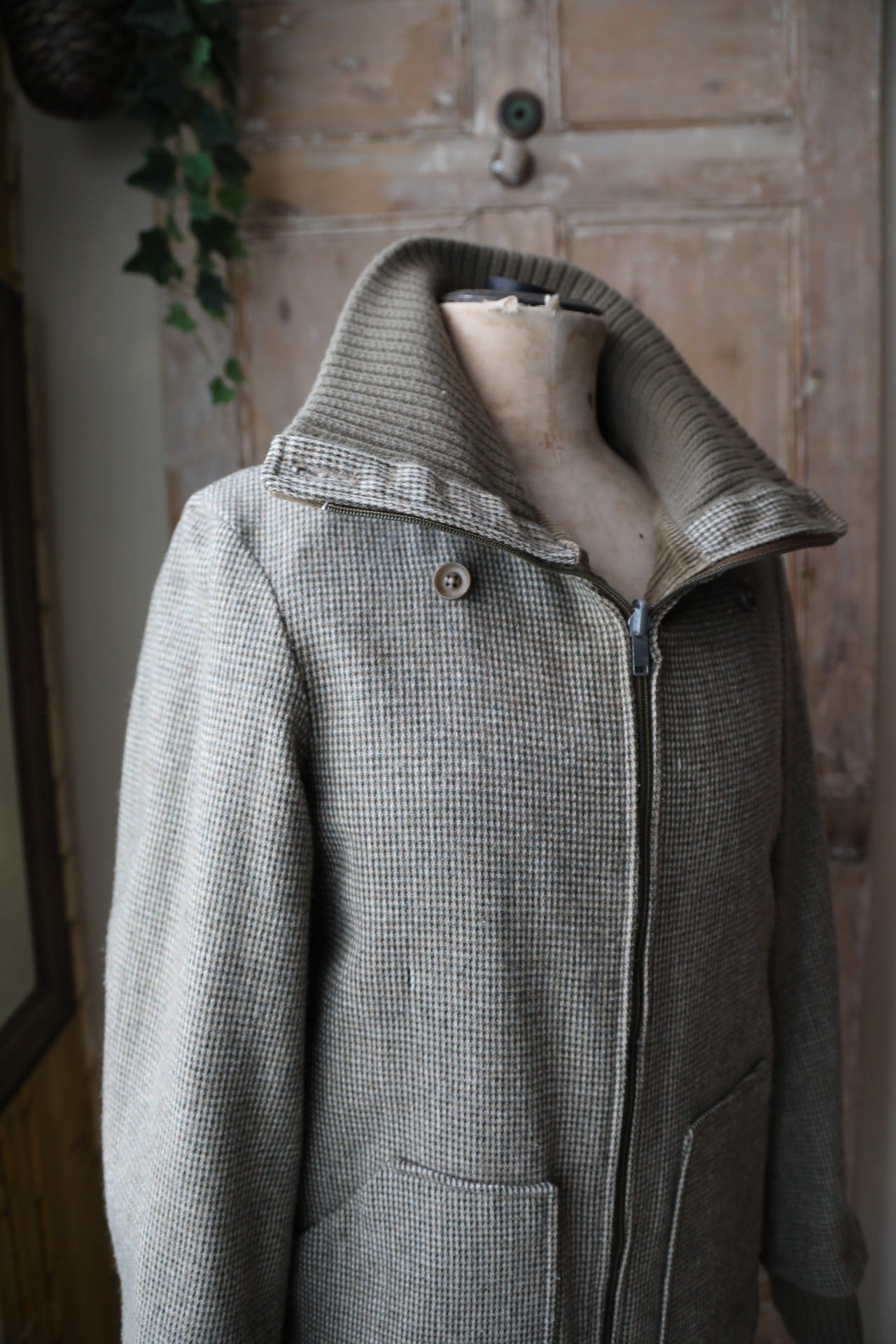 Vintage 1970s Handmade Corduroy & Tweed Coat – Green – Reversible Small Jacket