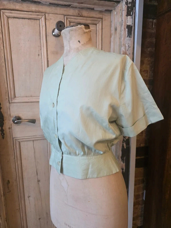 Vintage 1950s Pale Green Fitted Blouse – Charles Hire Worthing, Button Front, Cinched Waist