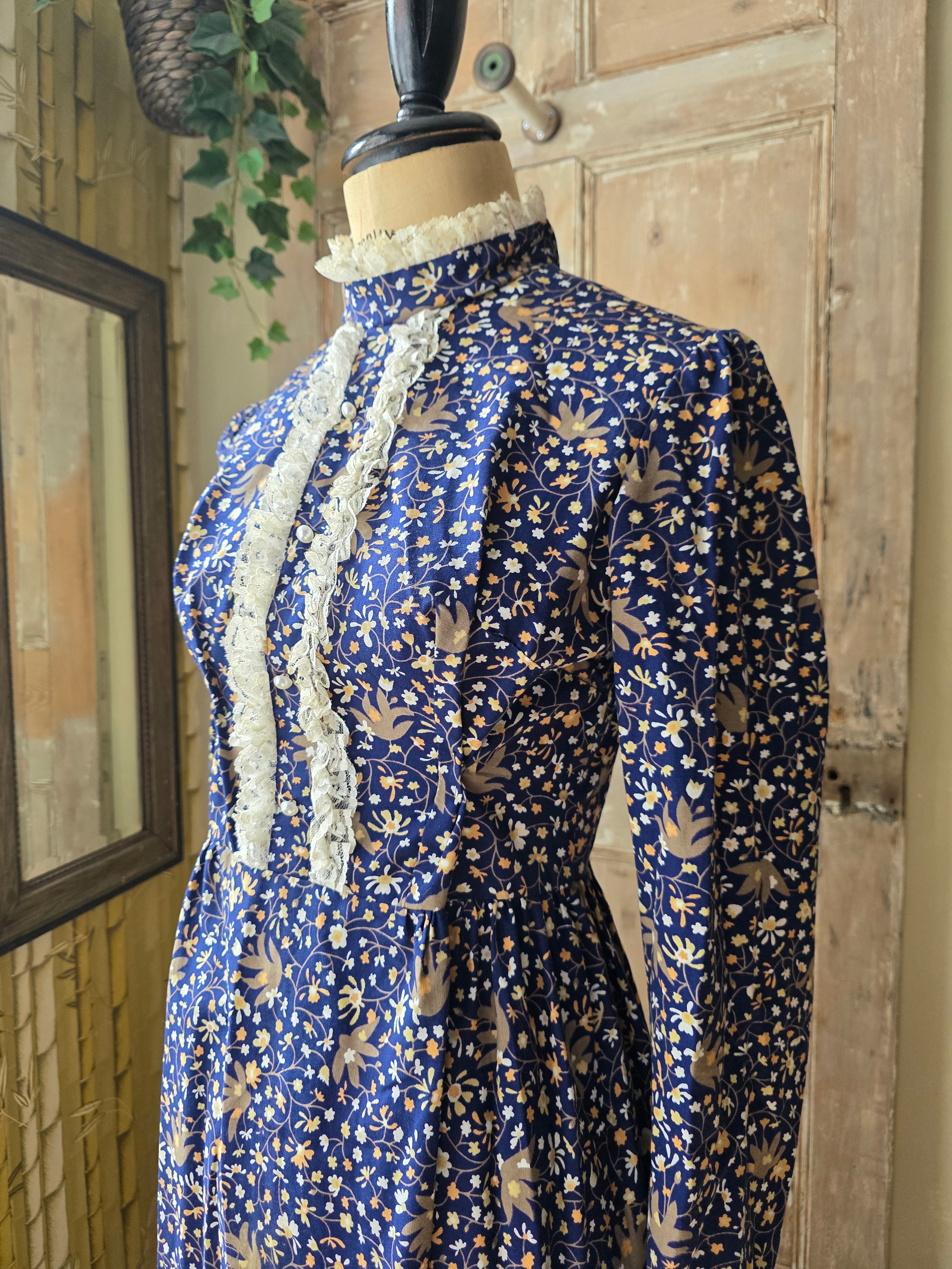 Vintage Prairie Dress High Neck Long Sleeve Maxi Lace Floral Cottagecore 70s