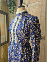 Load image into Gallery viewer, Vintage Prairie Dress High Neck Long Sleeve Maxi Lace Floral Cottagecore 70s
