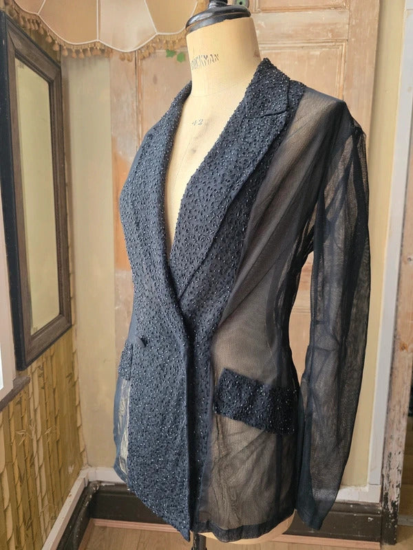 Nicole Farhi Vintage Beaded Sheer Blazer Black UK 12-14