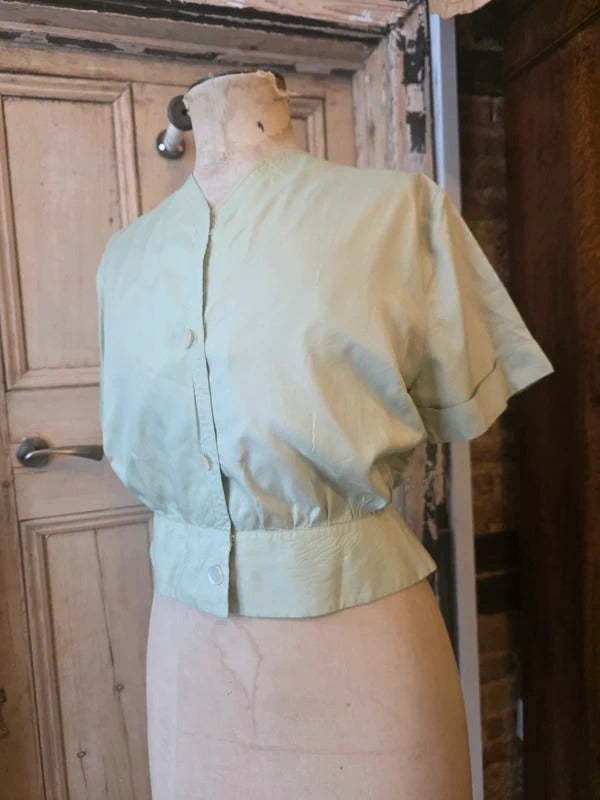 Vintage 1950s Pale Green Fitted Blouse – Charles Hire Worthing, Button Front, Cinched Waist