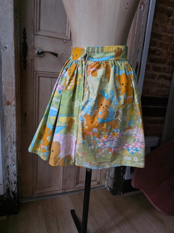 Vintage Handmade Novelty Print Cotton Skater Skirt | Teddy Bear Picnic | Upcycled | UK 8–10