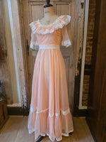 Load image into Gallery viewer, Vintage 1970s Peach Lace Prairie Maxi Dress - Victoriana
