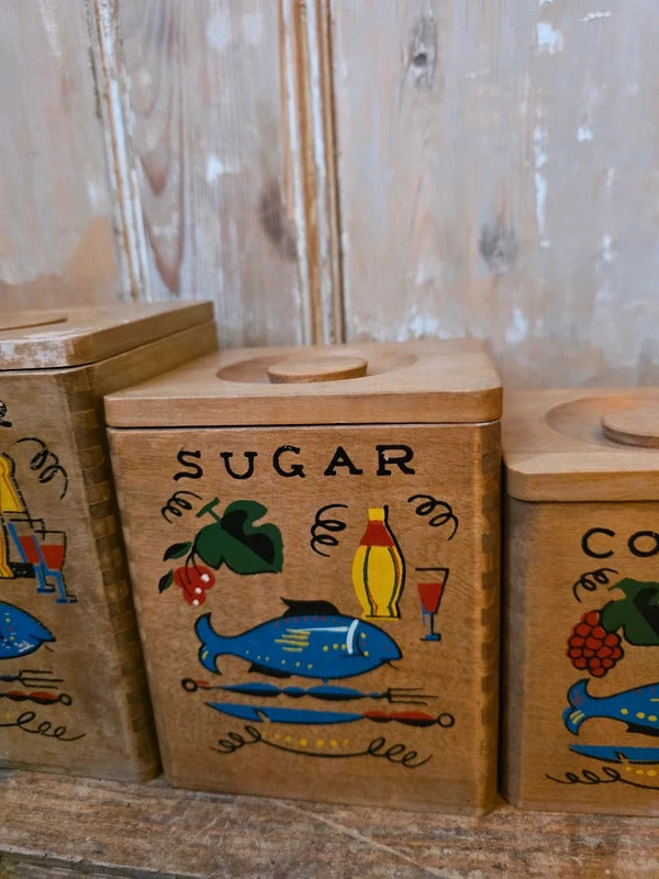 Vintage 1940s–1950s Hand-Painted Kitchen Canister Set (Flour, Sugar, Coffee, Tea)