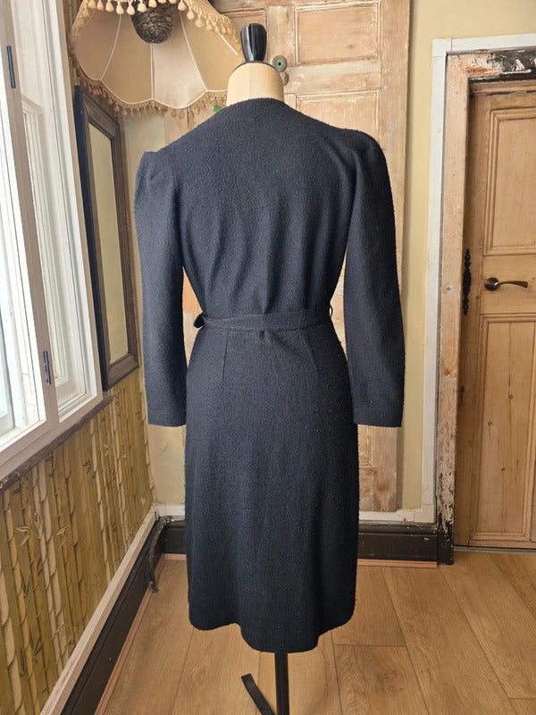 Vintage 1930s Black Wool Dress Embroidered Flowers Covered Buttons Waddesdon Manor UK 14