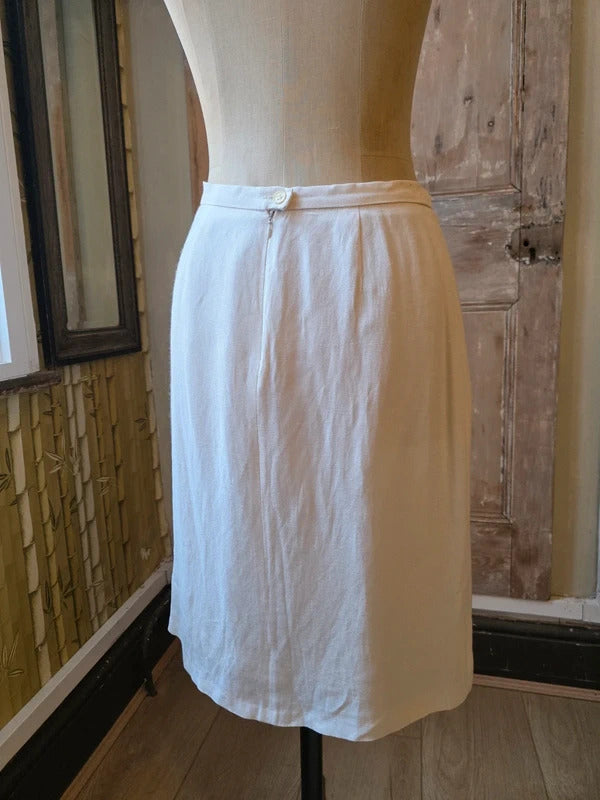Vintage Y2K Max Mara Linen Pencil Skirt | Cream Tailored Midi | Designer Italian | W30" pietra