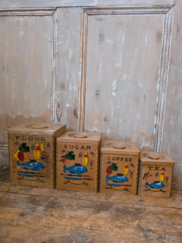 Vintage 1940s–1950s Hand-Painted Kitchen Canister Set (Flour, Sugar, Coffee, Tea)