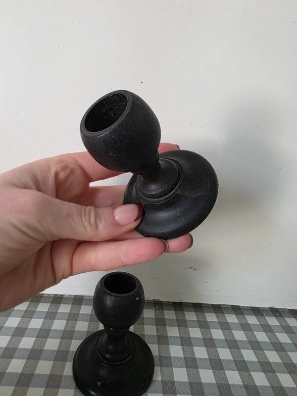 Vintage Hand Turned Wooden Candlesticks – Pair (Ebonised Wood)
