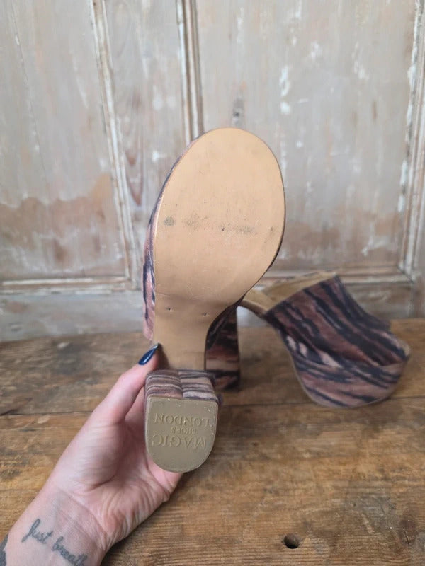 Original 1970s Tiger Print Platform Mules – Pony Hair Leather Clogs – UK 4 – Disco Glam
