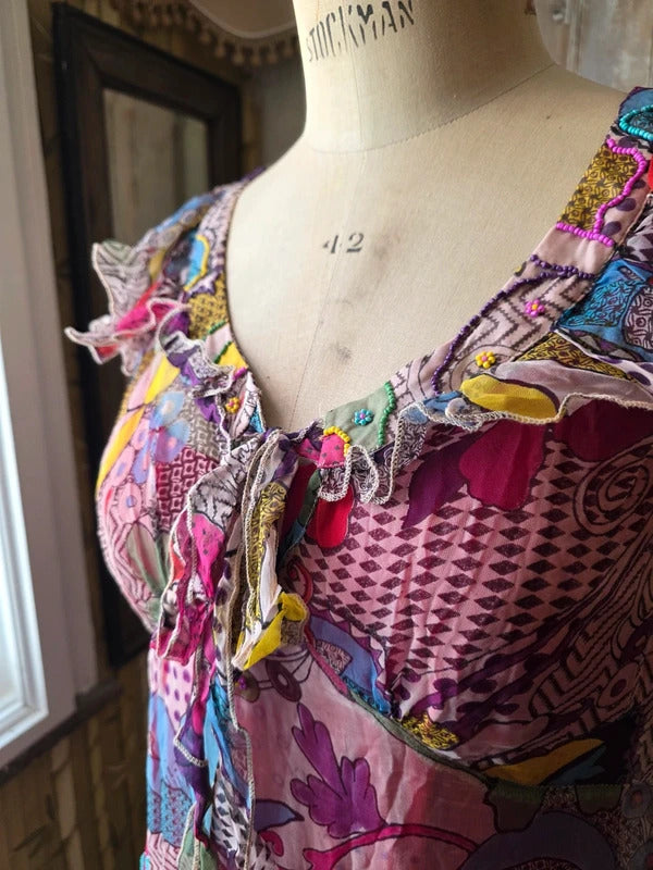 Vintage Y2K Silk Beaded Dress | Floral | fairycore | Bust 38"