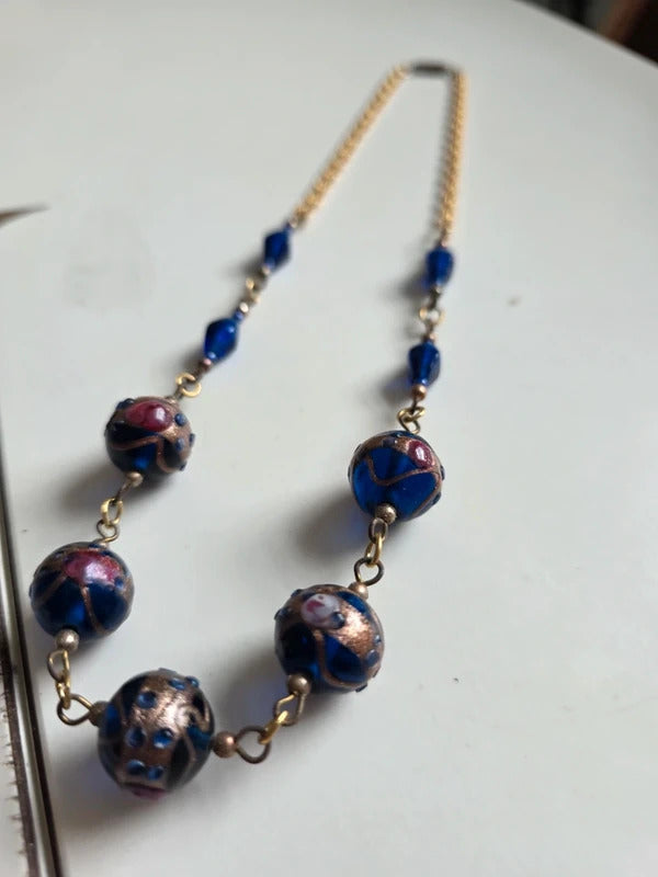 Vintage Lampwork Glass Necklace – Wedding Cake Beads Blue & Gold