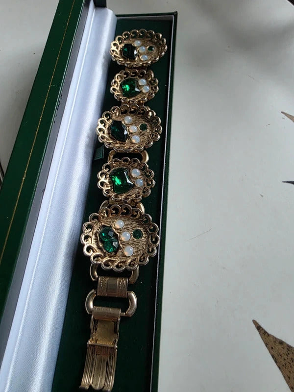 Vintage 1950s Gold-Tone Costume Bracelet with Green & Opaline Stones