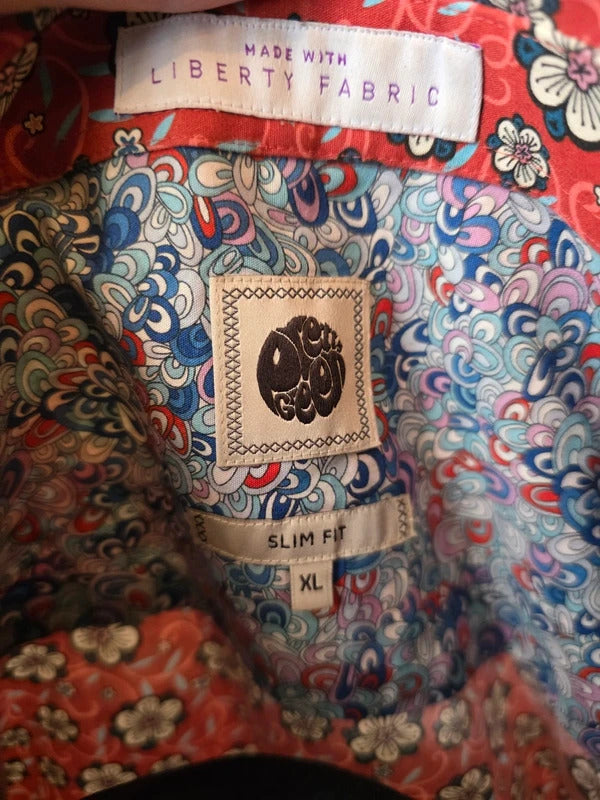 Pretty Green Liberty Print Shirt – Red Floral Cotton Slim Fit Button Up – Size XL